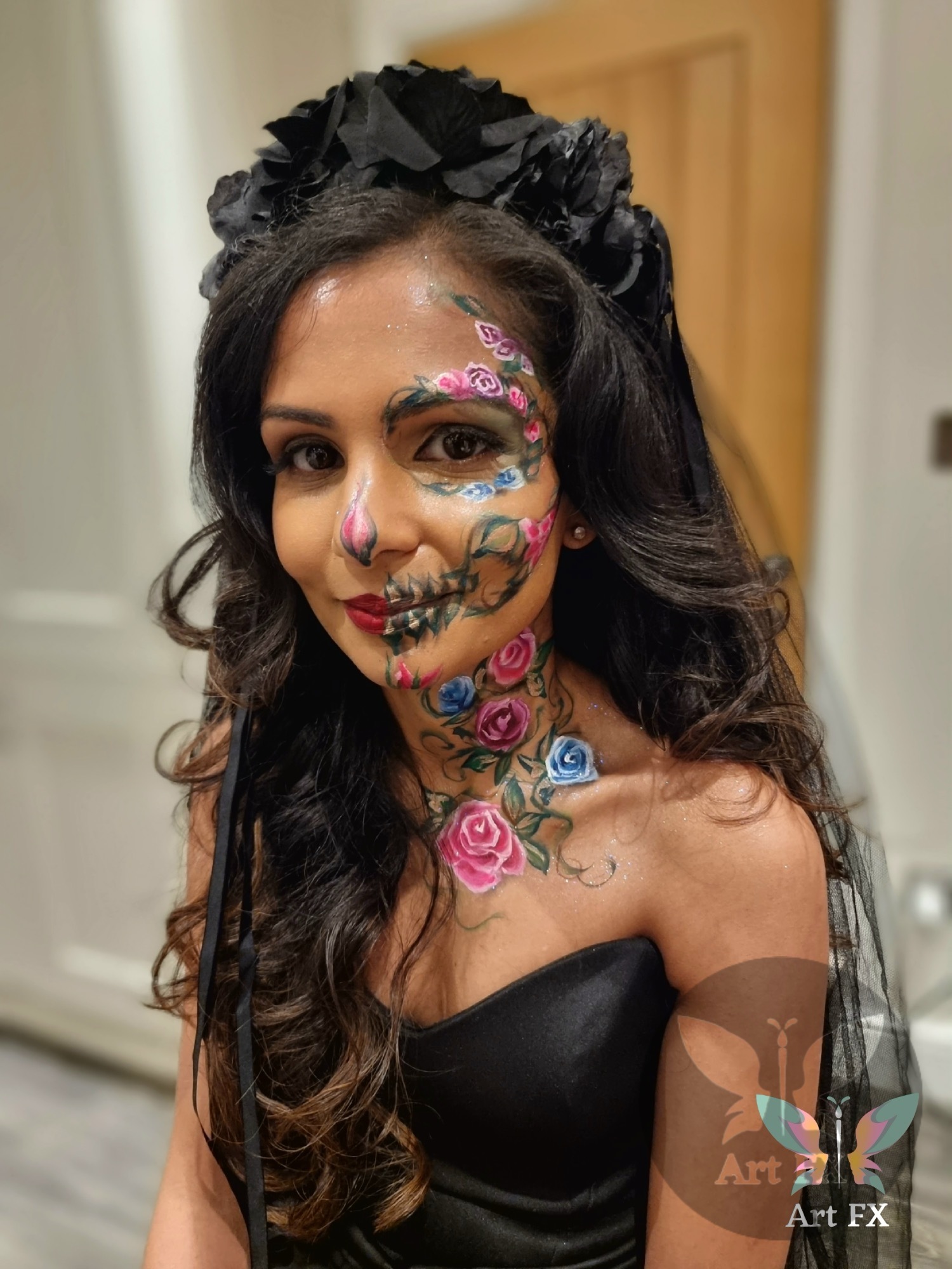 Spooky Halloween skeleton face painting makeup