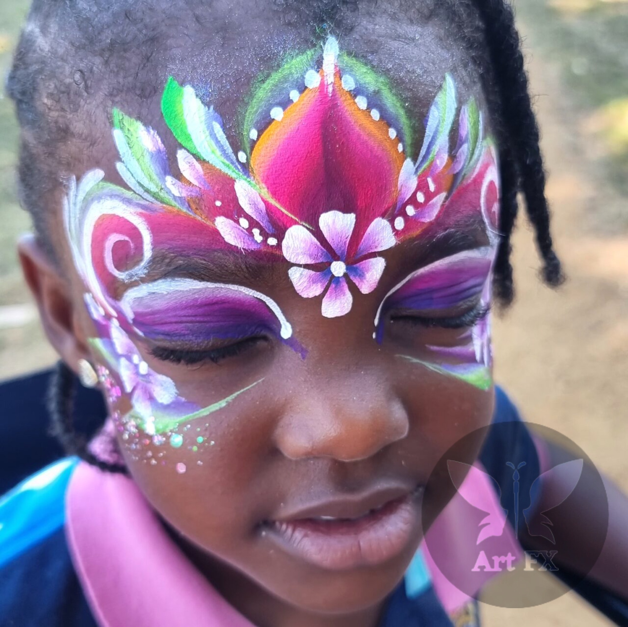 Young boy with a bright red and yellow star hero superhero face painting mask